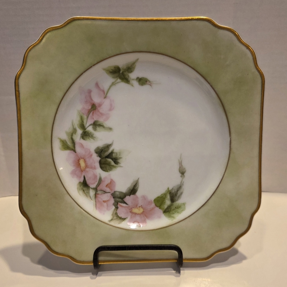 Vtg Merit Handpainted 8" Sq Plate Gold Trim Floral Motif Occupied Japan